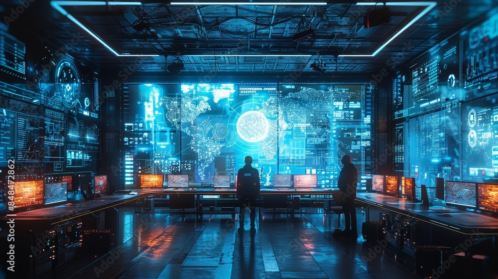 Aufkleber futuristic control room with digital displays and maps, showcasing advanced technologies and data an