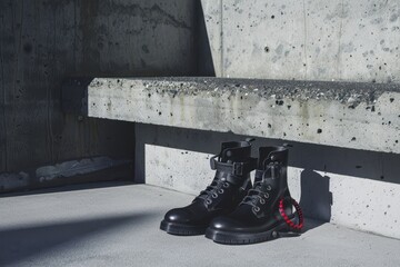 a pair black boots on a concrete bench