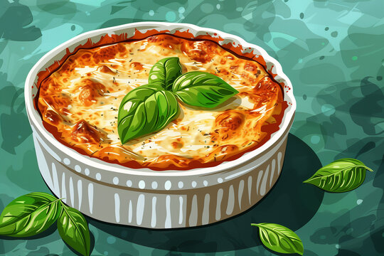 Illustration of a delicious lasagna topped with fresh basil leaves, presented in a white dish against a textured background