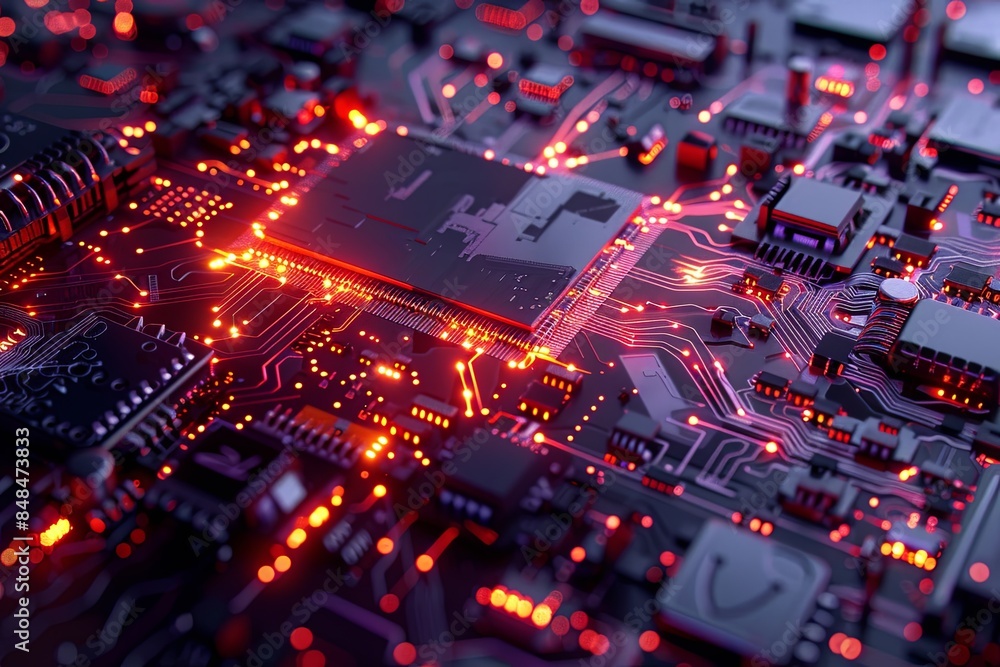 Aufkleber close-up of a modern microprocessor on a motherboard, with intricate data streams and glowing light,