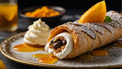 Appetizing cannoli tubes with mascarpone, Italian food