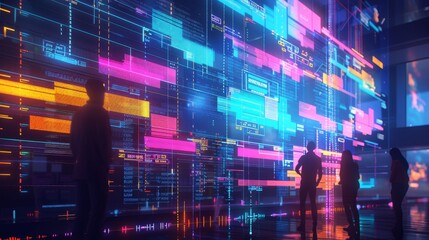 Fototapeta premium Silhouettes of people in front of a vibrant digital data display, showcasing modern technology, coding, and futuristic interface visualization.
