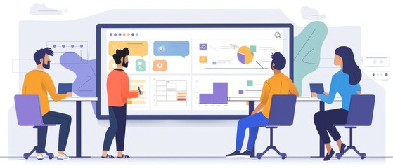 Team collaborating in a modern office, brainstorming ideas on a large digital screen, working on project data and graphs.