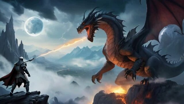 a knight kills a dragon, against the backdrop of mystical mountains there is fog and a dragoon 