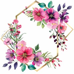 Fototapeta premium Watercolor illustration of an isolated hexagon gold frame with pink and purple flowers 