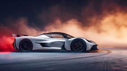 Obraz premium Automotive Photography, Sleek Silver Hypercar with Aerodynamic Design in a Smoky Background
