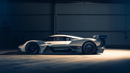 Fototapeta premium Automotive Photography, Side View of a Sleek Hypercar in a Garage with Soft Lighting