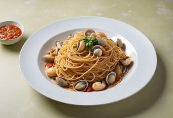 Artificially intelligent pasta dish with clams, tomatoes, and basil on a transparent background