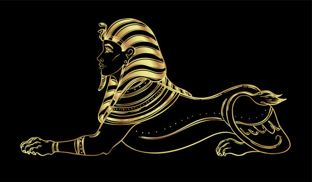 Sphinx, Egyptian mythical creature with head of human, body of lion and wings.Hand-drawn vintage vector outline illustration in gold over black. Egyptian sacred wall art logo design. Symbol of the