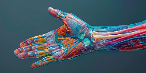 Detailed anatomical section of a human hand in a bright scientific palette. Conceptual anatomy