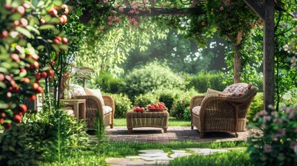 A cozy wicker patio with green cushions is located under the backyard gazebo, surrounded by lush trees and flowers. The garden is filled with various plants that add color to the space.