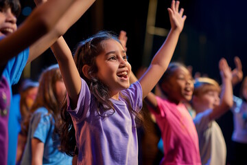 Multiracial children in colorful t-shirts raising hands on stage, representing diversity and joy in performance