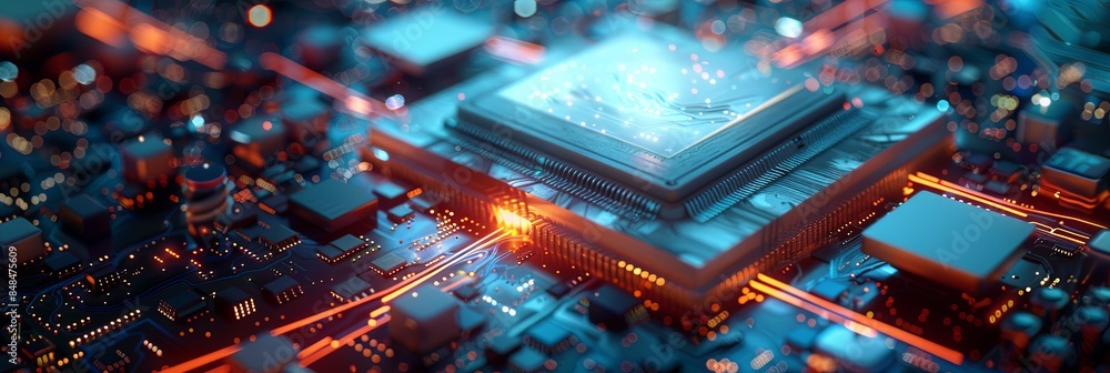Poster a close-up of a modern microprocessor or chip on a motherboard, surrounded by intricate digital data