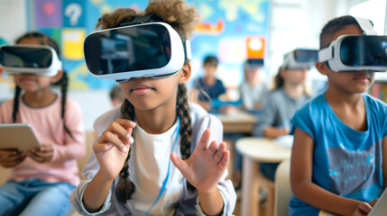 Young students using virtual reality headsets in classroom setting, showcasing modern educational technology and immersive learning techniques. focus on innovation and interaction.