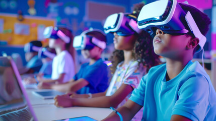 Children engaged in classroom setting using virtual reality headsets for educational activities. colorful environment suggests innovative and interactive learning experiences.