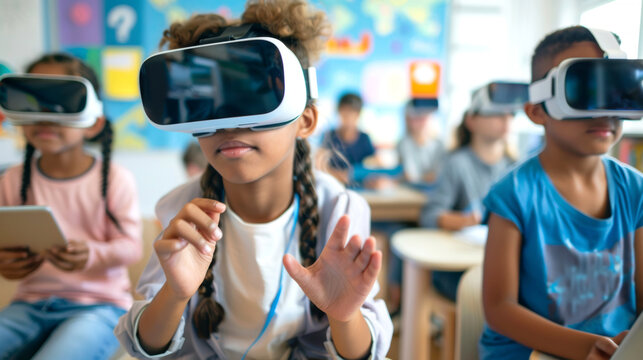 Young students using virtual reality headsets in classroom setting, showcasing modern educational technology and immersive learning techniques. focus on innovation and interaction.