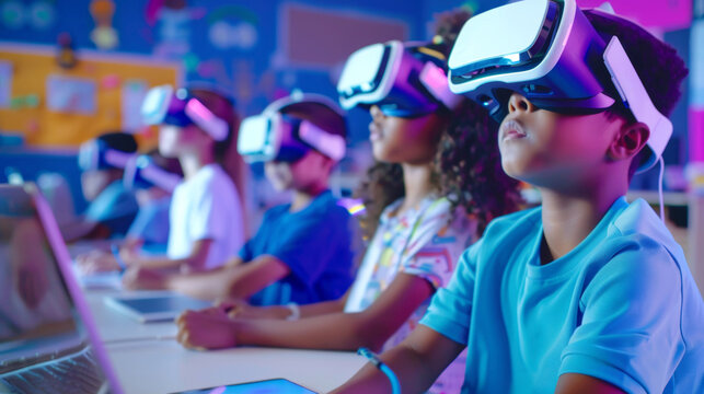 Children engaged in classroom setting using virtual reality headsets for educational activities. colorful environment suggests innovative and interactive learning experiences.