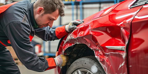 An auto body repair specialist diligently repairs dents in your car's fenders, ensuring a flawless restoration. Concept Car Body Repair, Dented Fenders, Restoration, Flawless Finish, Specialized Work