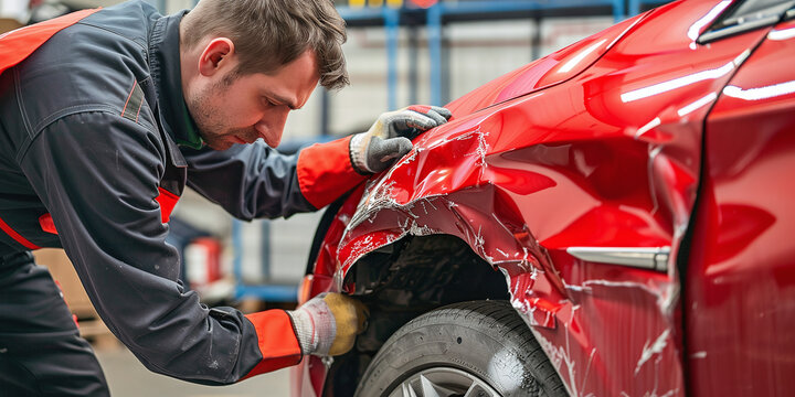 An auto body repair specialist diligently repairs dents in your car's fenders, ensuring a flawless restoration. Concept Car Body Repair, Dented Fenders, Restoration, Flawless Finish, Specialized Work