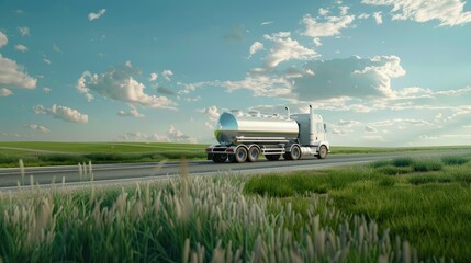 Fototapeta premium A white truck with a stainless steel tank drives along a road through green fields, against a backdrop of trees and hills.