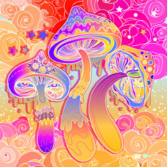 Magic mushrooms. Psychedelic hallucination. Vibrant vector illustration. 60s hippie colorful art.