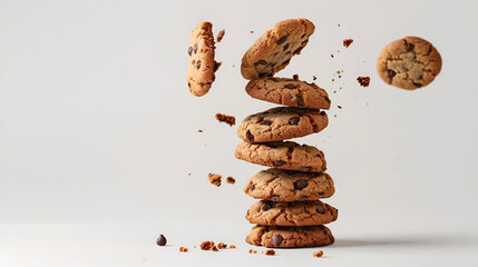 Chocolate chip cookies falling on white background, food levitation