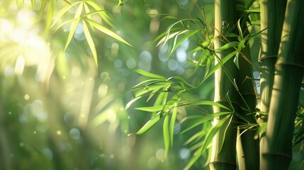 Bamboo, green bamboo shoots, close-up of leaves and stilts, sunlight penetrating through the forest onto several tall and slender thick trunks