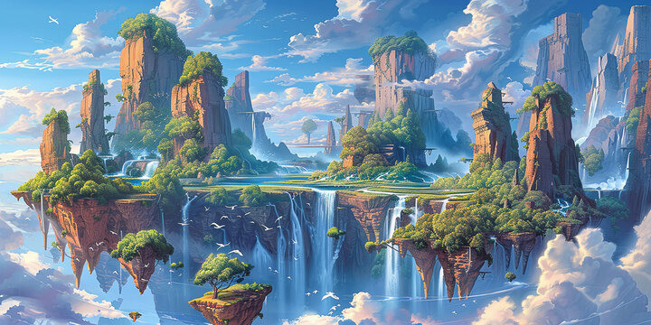 A surreal dreamscape with floating islands and waterfalls, in vibrant colors