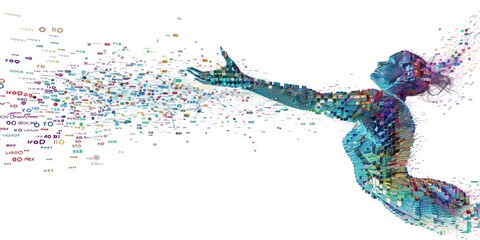 Digital human figure with outstretched arms made of data and binary code, on a white background Generative AI