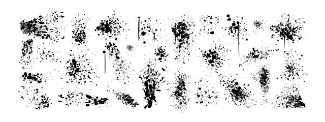 Spray paint drips, inky blots or splashes. Black splatters, graffiti inkblot spots with dusty speckle effect on white background. Paintbrush splotch, ink drop, liquid blob. Dirty grunge splash stains. © redgreystock