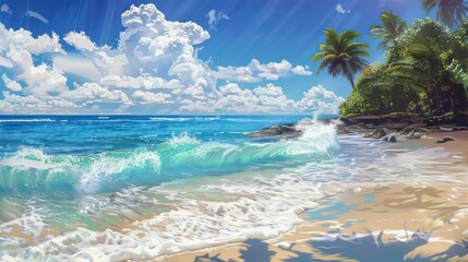 A painting of a beach scene with a palm tree and ocean in the background. Generative AI