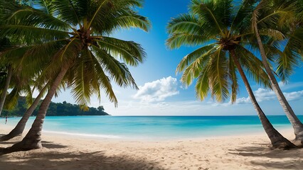 view of a tropical beach with palm trees that resemble coconuts