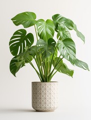 Monstera deliciosa in a modern looking vase on a white background
