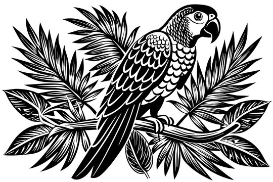 black and white parrot perched on branch clip art preview