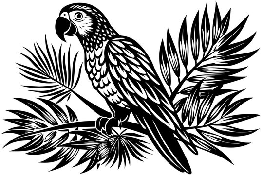black and white parrot perched on branch clip art preview