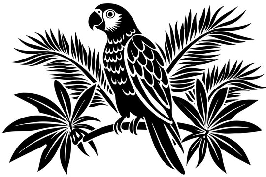 black parrot perched on branch with leaves clip art preview