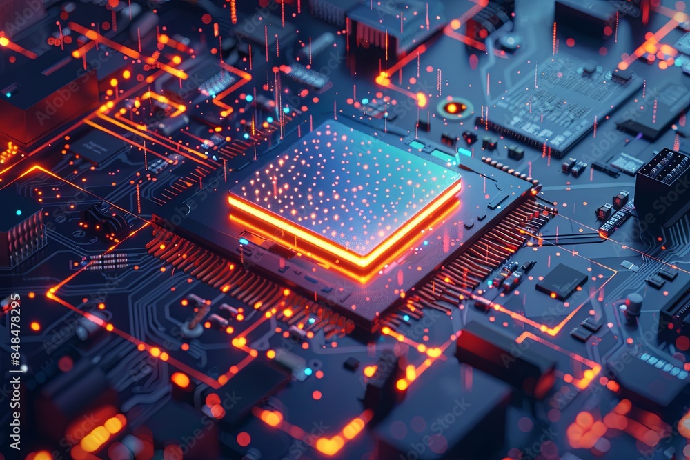 Leinwandbilder a close-up shot of a modern microprocessor on a motherboard, surrounded by intricate digital data st