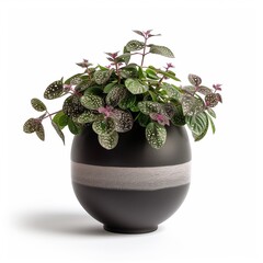 A Polka Dot Plant (Hypoestes phyllostachya) in a modern looking pot isolated on a white background