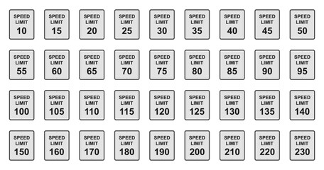 American speed limit road sign. Traffic sign with 40, 50, 60 75 and more speed limits. Vertical standard road sign with text. Traffic sign template. Vector set