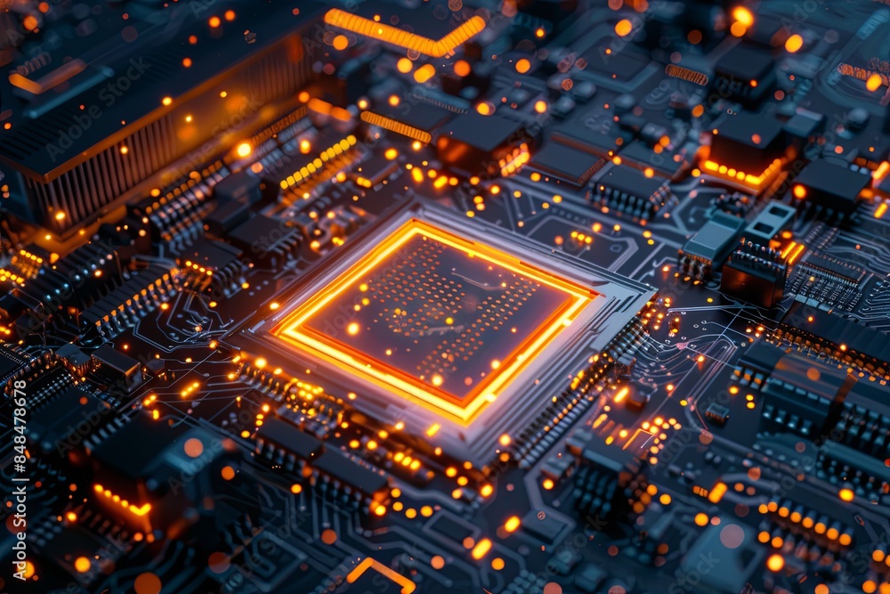 Leinwandbilder close-up of a modern microprocessor on a motherboard, with glowing lights and digital data streams, 