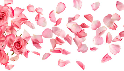 Fresh flying pink petals of rose and leaves isolated on white