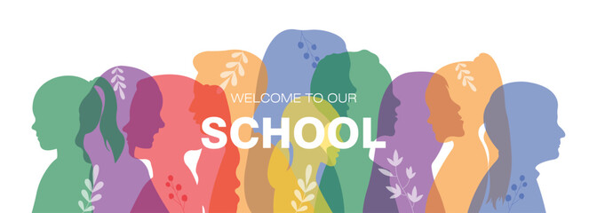 Horizontal banner with silhouettes of children.Welcome to our school.Flat vector illustration.