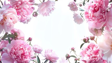 Greeting card with pink floral patterns of peonies and buds around the edges, white space for text