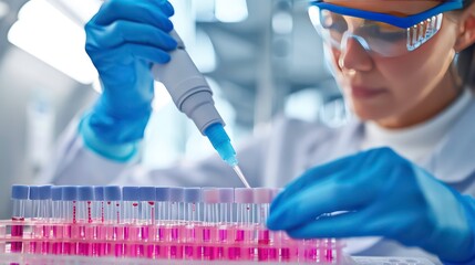 woman assistant in laboratory with multi pipette in the clinic, the research of cancer stem cells images, Assay plate 96 well with colorful buffer stock photo. Generative AI