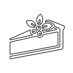 Cheesecake line icon, black outline isolated on white. Berry cheese cake decorated with blueberry and leaves. Vector clipart sign or minimalist logo for food design, bakery or dessert illustration.