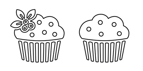Cupcake line icon, black outline isolated on white. Berry cupcake decorated with blueberry or muffin with chocolate pieces. Vector clipart sign or minimalist logo for food design, bakery illustration.
