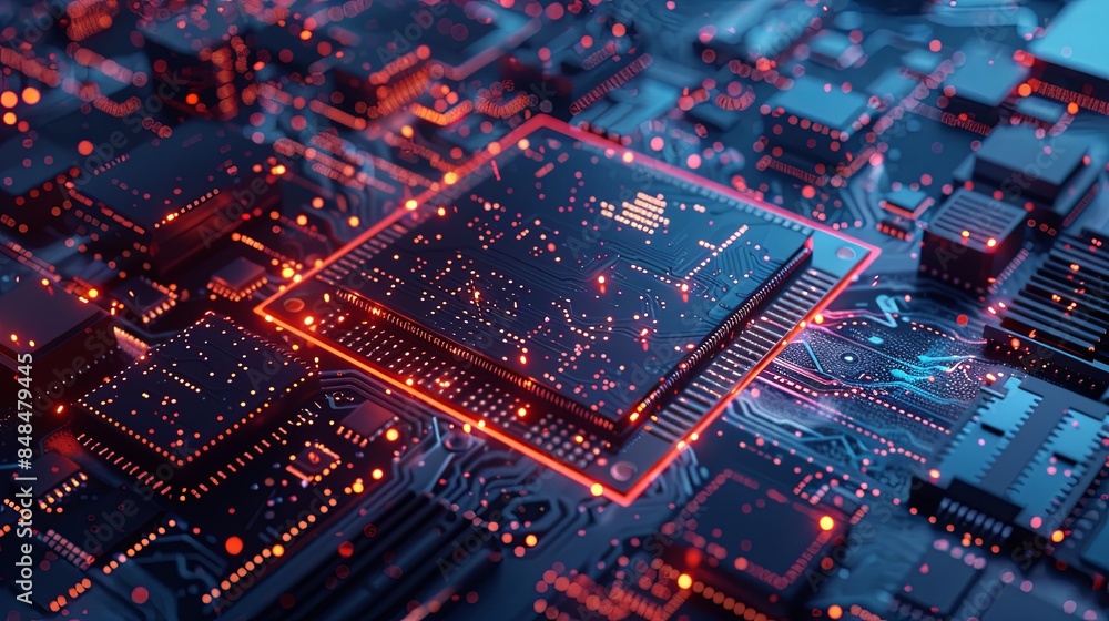Aufkleber An ultra-modern microprocessor or chip sits on a motherboard, surrounded by intricate digital data streams and glowing light effects, symbolizing the processing power of AI. Generative AI
