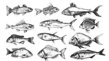 Seafood sketch. Vintage fish, drawing food. Delicious shrimp, shell squid. Sea cuisine, grilled crab calamari. Fresh raw market vector set