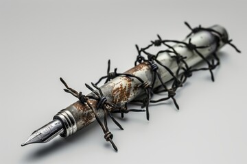 free speech concept, pen wrapped in barbed wire on table in office	