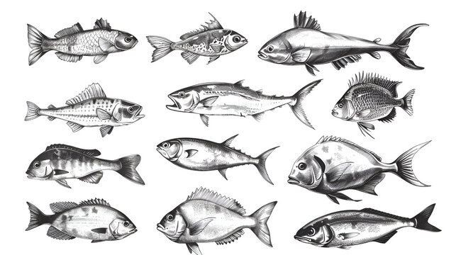 Seafood sketch. Vintage fish, drawing food. Delicious shrimp, shell squid. Sea cuisine, grilled crab calamari. Fresh raw market vector set